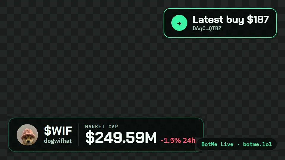 Example: the overlay on a stream, with a latest-buy alert top right and the market cap card bottom left