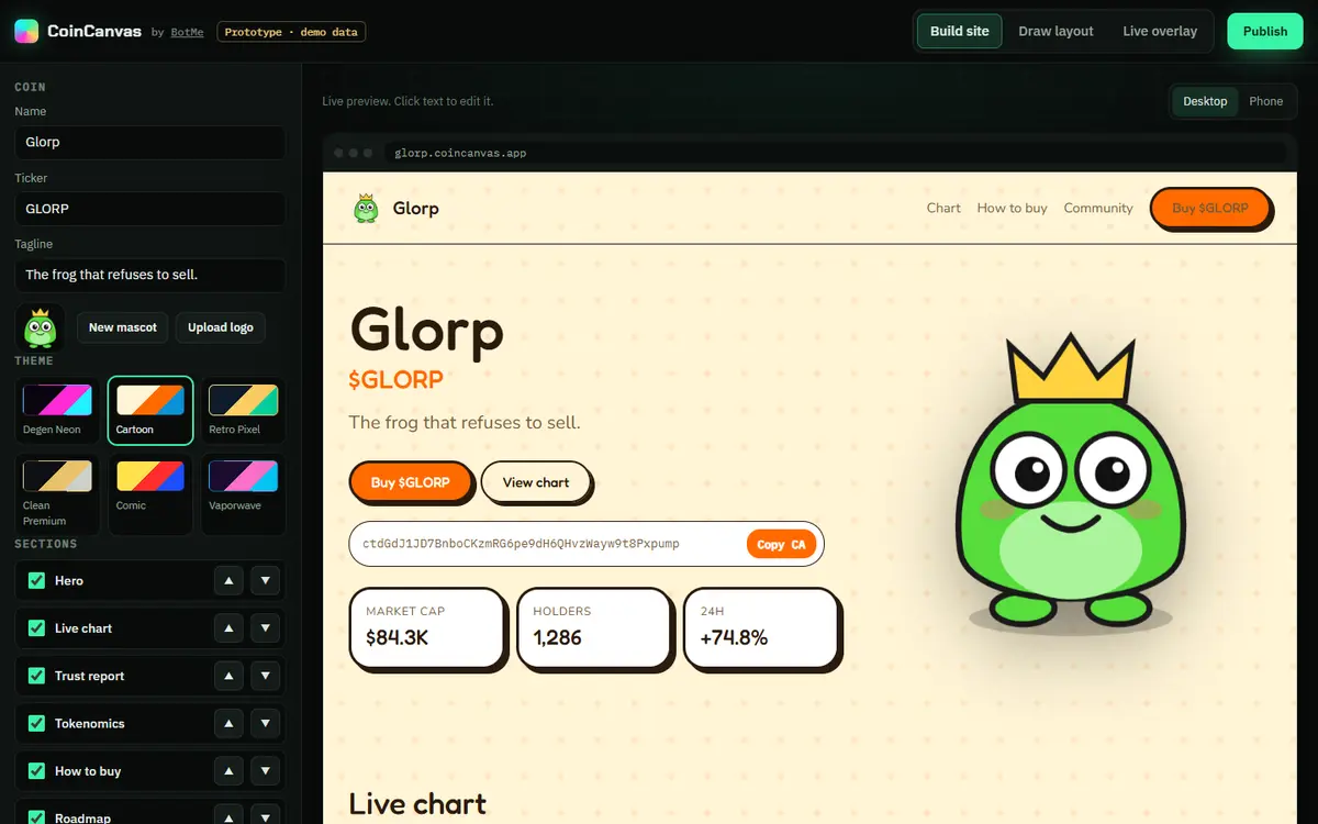 The CoinCanvas builder showing a coin page being edited